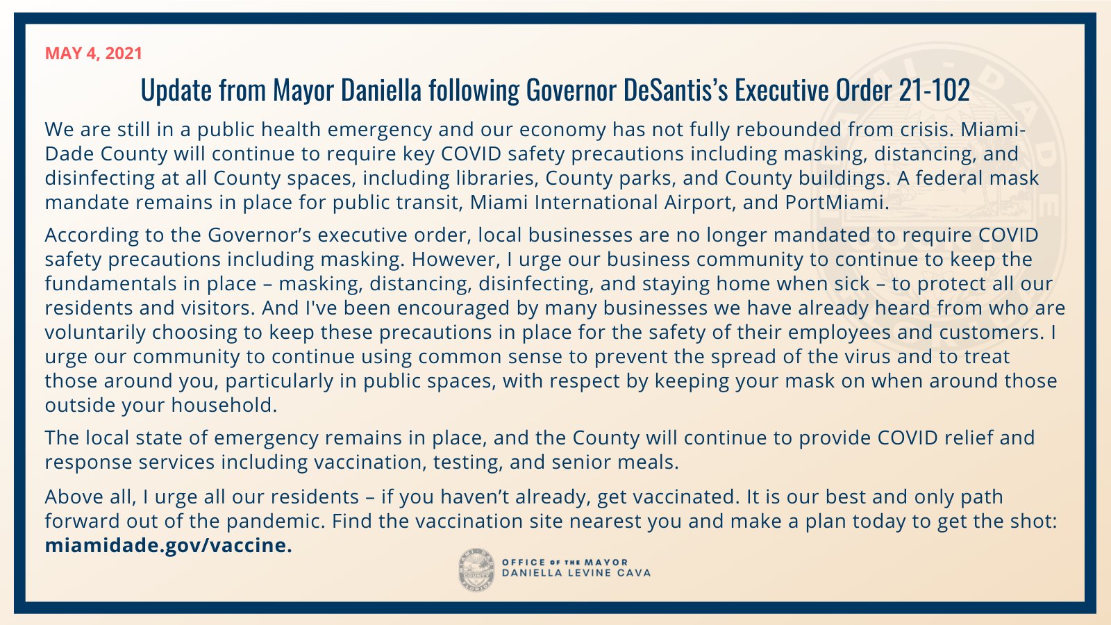 Daniella Levine Cava on Twitter "Update following the Governor's