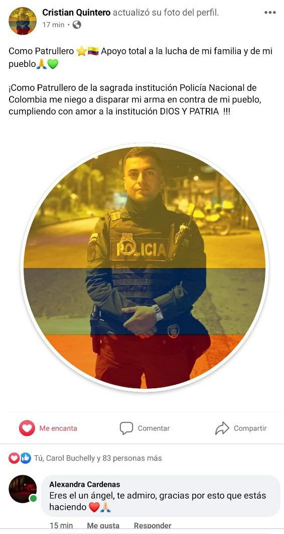 heidy_up's tweet photo. "Me niego a disparar mi arma contra mi pueblo". Más uniformados como el patrullero Quintero. #SOSColombiaDDHH #ParoNacional4M https://t.co/WAXM85QBIk