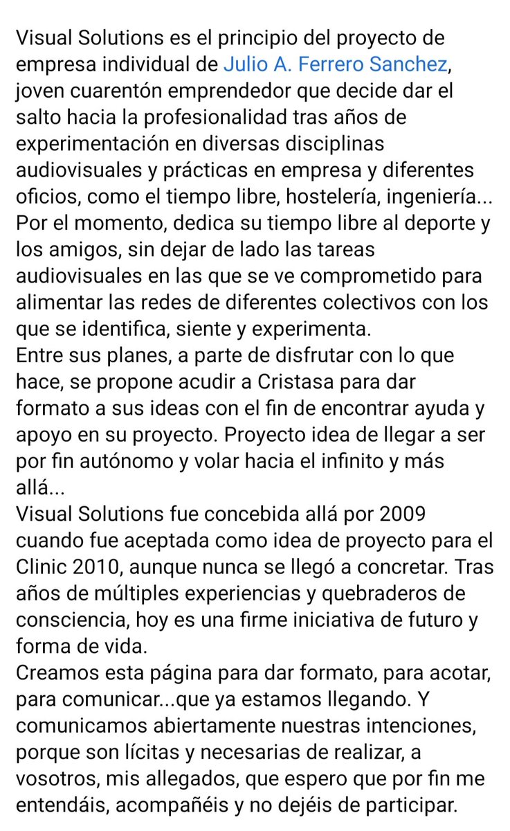 julfersan's tweet photo. Que es Visual Solutions??

Visual Solutions es el principio del proyecto de empresa individual de Julio A. Ferrero Sanchez, joven cuarentón emprendedor que decide dar el salto hacia la profesionalidad tras años de experimentación en diversas disciplinas  audiovisuales y ... https://t.co/sMiucauac0