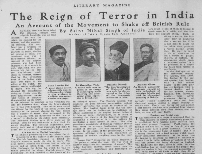 The Washington Herald, 1909"The Reign of Terror in India""An Account of the Movement to Shake Off British Rule"By Saint Nihal Singh