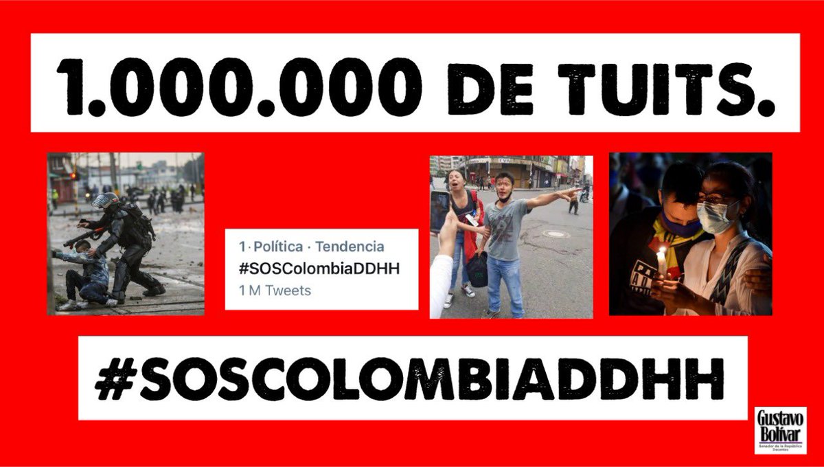 GustavoBolivar's tweet image. #SOSColombiaDDHH sobrepasa el millón de tuits. 
La tendencia más grande en la historia de Twitter en Colombia.

La masacre ejecutada por el gobierno y sus fuerzas armadas en Colombia es tendencia mundial. 

RT Para llegar al último rincón del planeta.