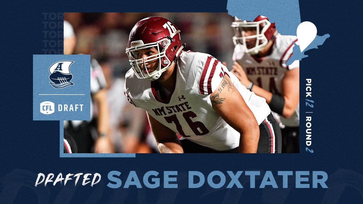 CFL's tweet image. With the twelfth pick in the 2021 #CFLDraft, the @TorontoArgos select OL Sage Doxtater