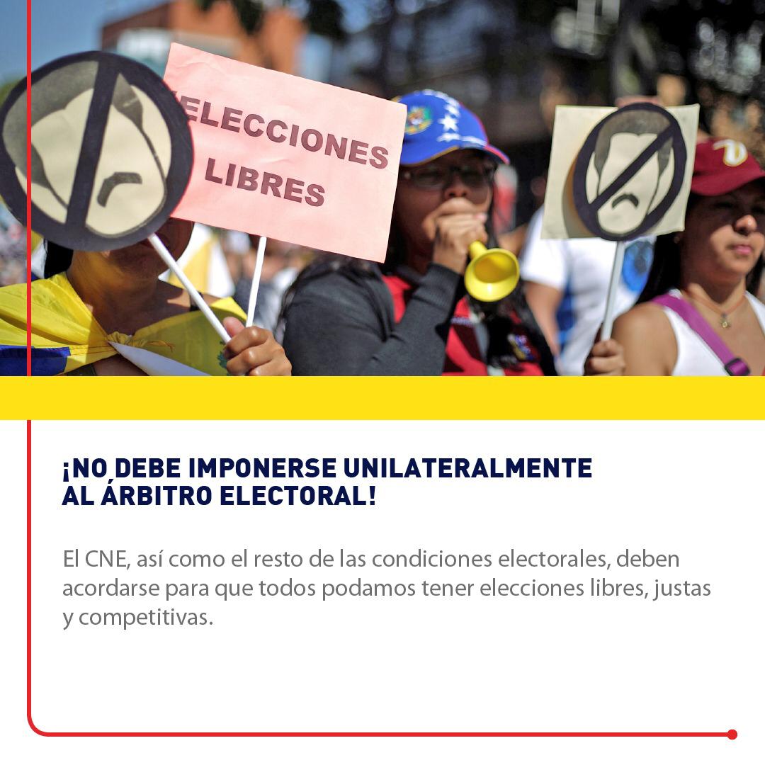 VoluntadPopular's tweet image. No debe imponerse unilateralmente al árbitro electoral. Seguimos luchando para que en Venezuela existan todas las condiciones para elecciones libres, justas, competitivas y verificables en las que realmente los venezolanos elijan el futuro del país. #NoAlCNEInconstitucional