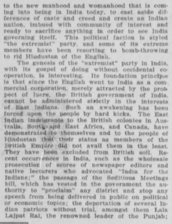 "A faction of educated East Indians has seceded from the Indian national congress. This section of Indians don't believe in leaning on foreign crutches-- governmental or otherwise. It appeals to the new manhood and womanhood that is coming into being in India today..."