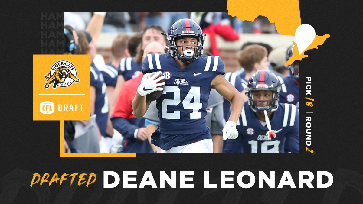CFL's tweet photo. With the 18th pick in the 2021 #CFLDraft, the @Ticats  select DB Deane Leonard https://t.co/xsSBfXjdW7