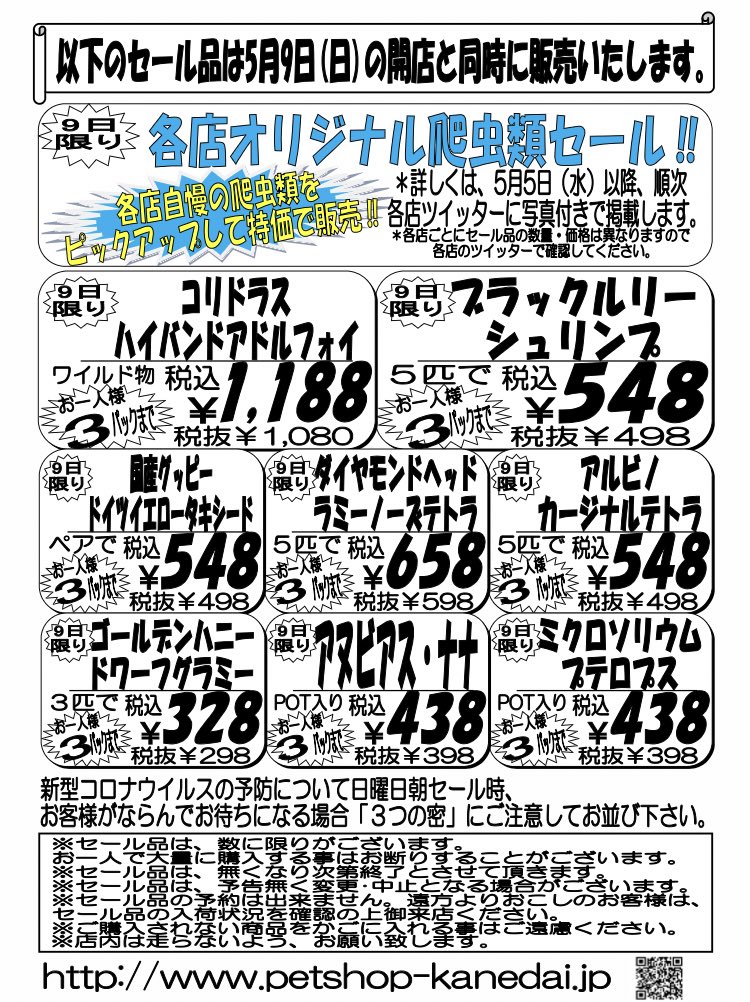 かねだい 海老名店 5月8日 土 9日 日 のセール内容になります 爬虫類セールの内容は後程掲載いたします T Co Axhuccf9zz Twitter