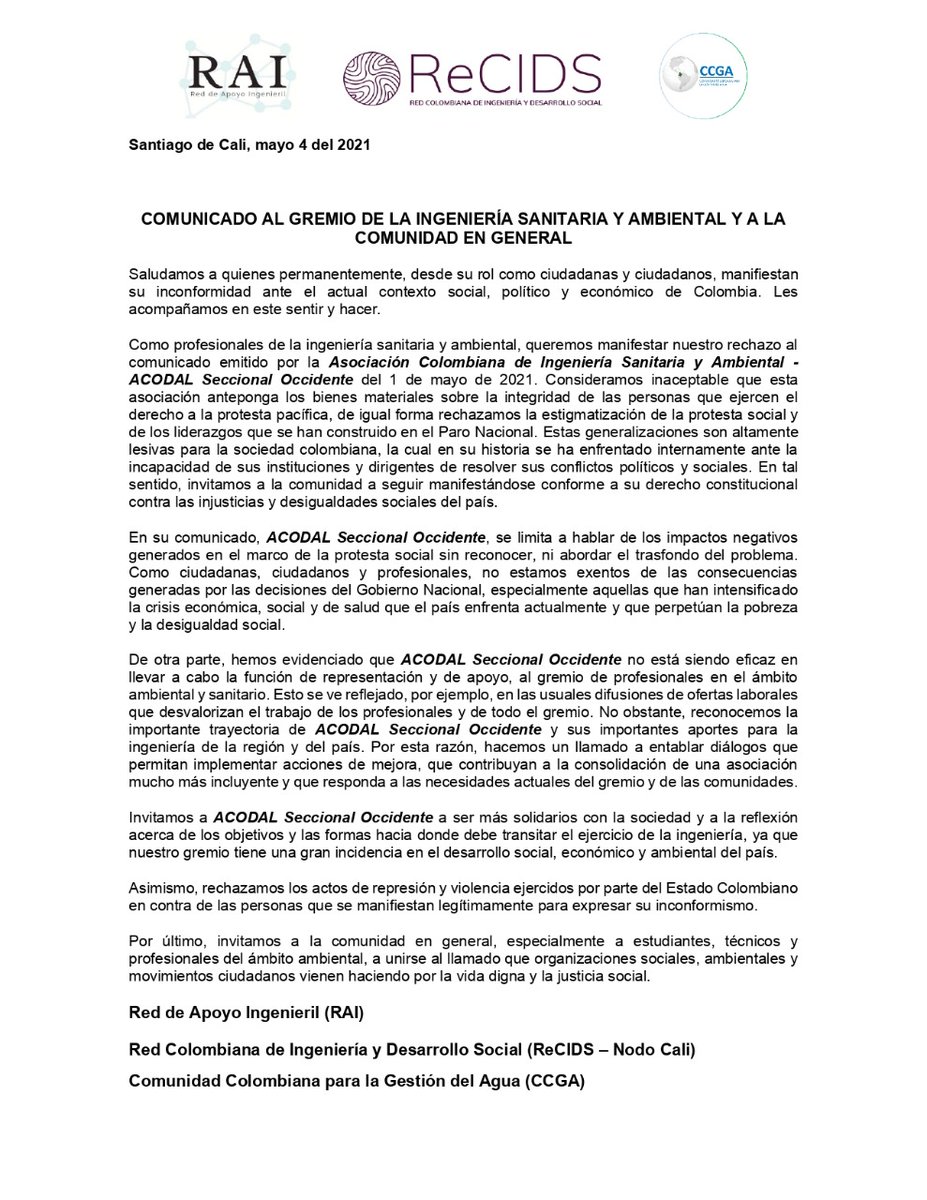CaliRecids's tweet photo. Redes de Ingeniería sanitaria y ambiental de diversas organizaciones, nos unimos rechazando los discursos que hieren a nuestra sociedad y nos regresan al pasado. 

@UnivalleCol
@ACODAL 
@AcodalO 
@CIEValle https://t.co/y68TdqveEv