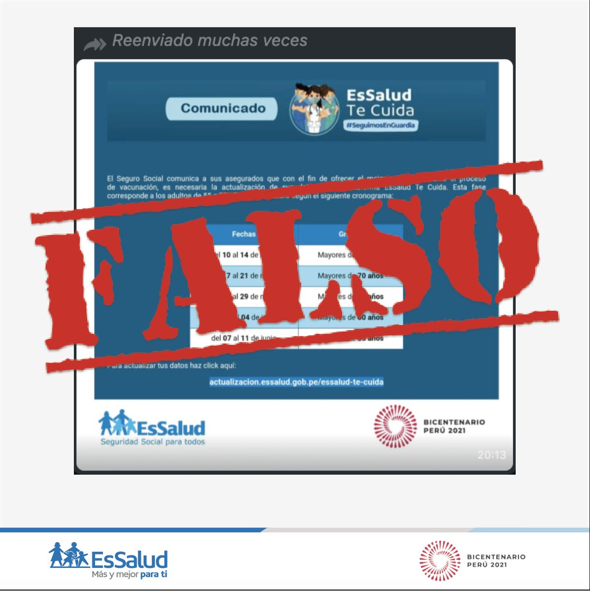 EsSaludPeru's tweet photo. #EssaludInforma | esta  programación que viene circulando en redes sociales  que incluye a personas menores de 60 años es falsa y no ha sido publicada por nuestra institución, pedimos a la población no dejarse sorprender e informarse por los canales oficiales https://t.co/ZBfc3NZUOS
