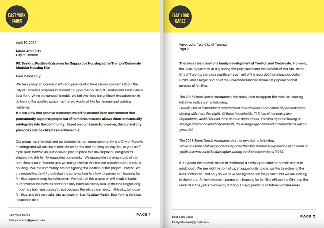 CaresEast's tweet photo. We will continue to push the city to include families in community housing. EY is the perfect location to lift families out of homelessness and provide vulnerable children a safe place to call home. Our letter to Mayor Tory provides all the facts-please read and share https://t.co/5vFCbgocr0