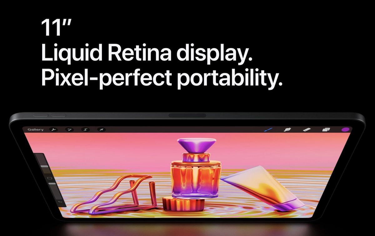 Wondering if the new iPad was portable?The angle overhead shot leaves no doubt how thin it is.Plus, it helps illustrate the size of the screen.A vibrant photo and you know what quality visuals to expect from the "liquid retina display."