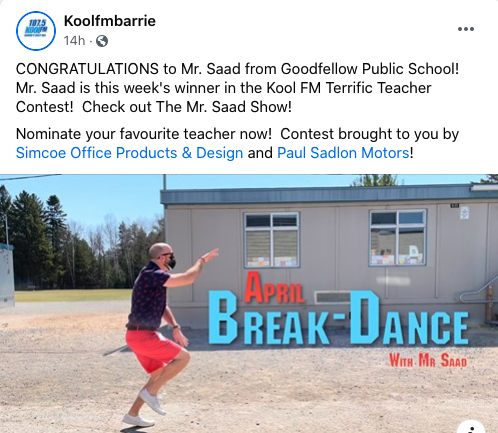 Yesterday was one wild day and it started with a call from <a href="/KoolFMBarrie/">107.5 KOOL FM</a>! Big thanks to everybody that made this possible including my student nominee! I am extremely flattered and lucky to get to teach such a terrific group of kids!
