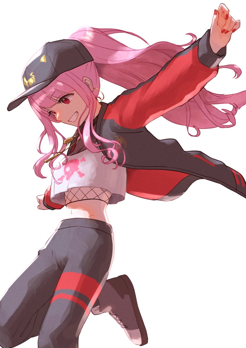 mori calliope 1girl hat pink hair solo smile official alternate costume baseball cap  illustration images