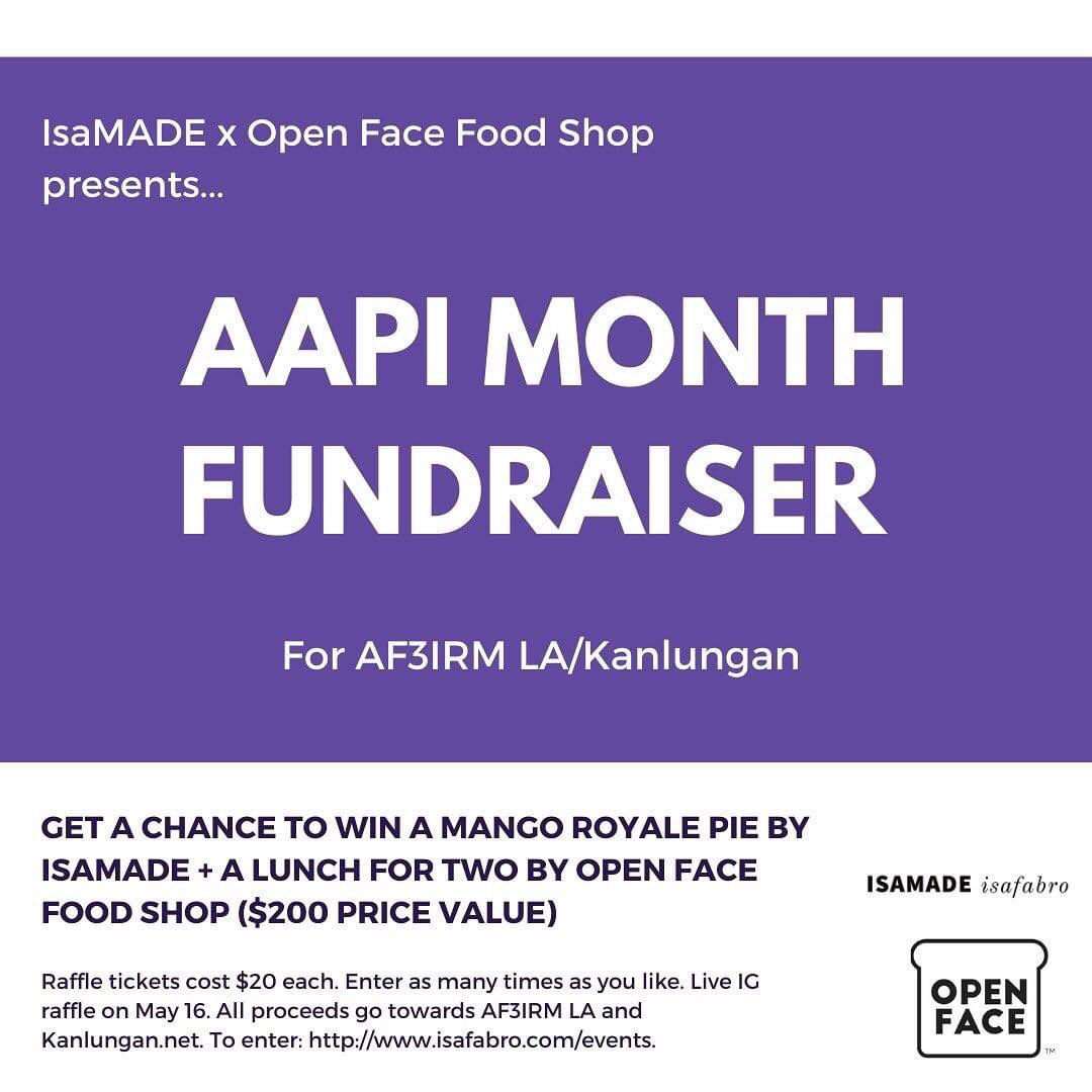 AF3IRMLA's tweet photo. Please support AF3IRM LA &amp; @Kanlungan2 by entering a raffle for a mango royale pie by Isa Fabro and a meal for 2 at Open Face Food Shop (value $200+). 
Tickets: $20 each.  
Venmo: (at)CG-Fabro to send your donation w “KANLUNGAN” in the notes.  Enter as many times as you like! https://t.co/sZd3dCnInD