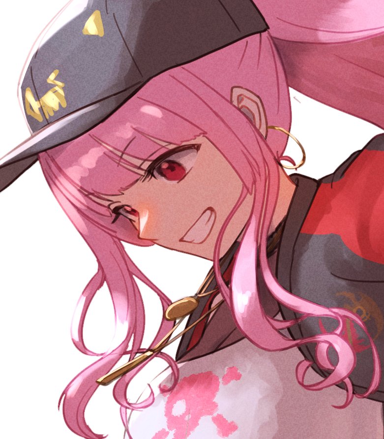 mori calliope 1girl hat pink hair solo smile official alternate costume baseball cap  illustration images