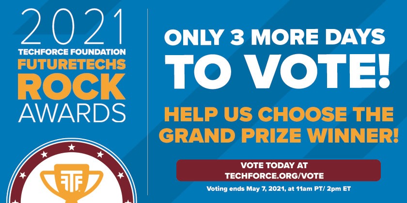 TechForceFound's tweet photo. Vote now for the 2021 #FutureTechsRock Grand Prize Winner at https://t.co/ekdbNqXFIX! Voting closes Friday, May 7 at 11 AM PDT/ 2 PM EDT. 

#TechForce #WhenTechsrockAmericaRolls #STEM #CTE #FutureTechs https://t.co/L3yM6fZq1o