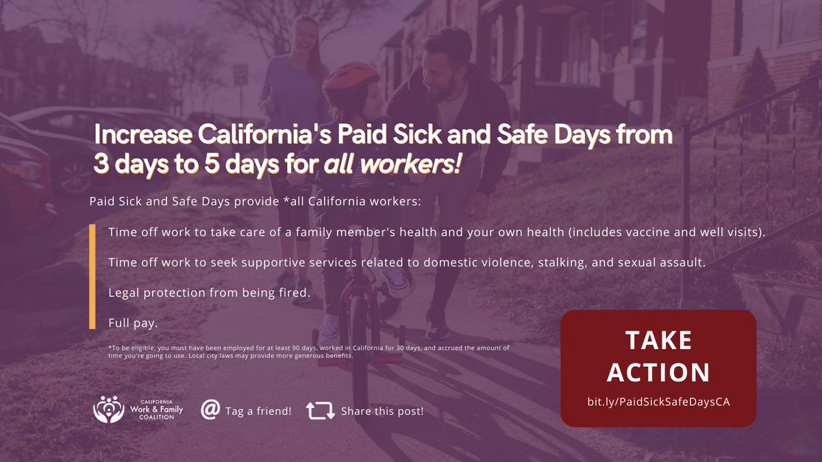 WorkFamilyCA's tweet photo. Paid sick & safe days lead to a healthier, more productive workforce by enabling workers to stay home when sick, reducing the spread of illness. Tell your lawmakers to support #AB995 which would increase California’s paid sick and safe days to 5 days! » https://t.co/pzuJK1hTEt https://t.co/eJjosVs6Nl