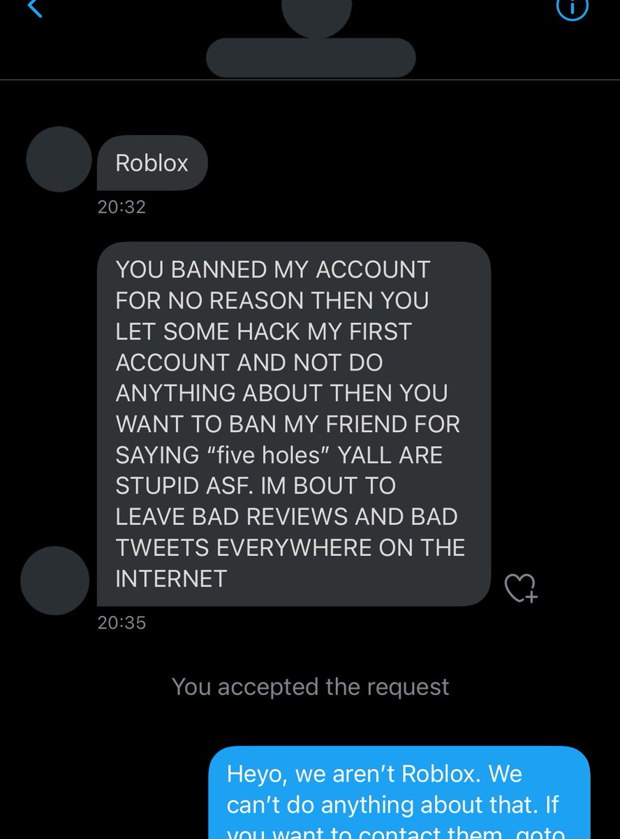 RTC on X: Just so we can avoid a few more DMs like this, please read our  bio. We are NOT @Roblox. We cannot do anything about your ban, termination,  or give