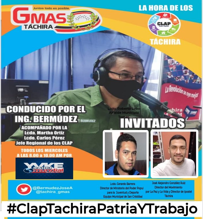 Mañana en "La Hora de los Clap" tendremos como invitados a Gerardo Barrera  Coord. del Ministerio del Poder Popular de Juventud y Deporte y el Director del Movimiento por la Paz y la Vida Táchira José González, recuerda 8am por 94.5 FM <a href="/YvkeTachira/">Yvke Tachira</a> 
#ClapTachiraPatriaYTrabajo