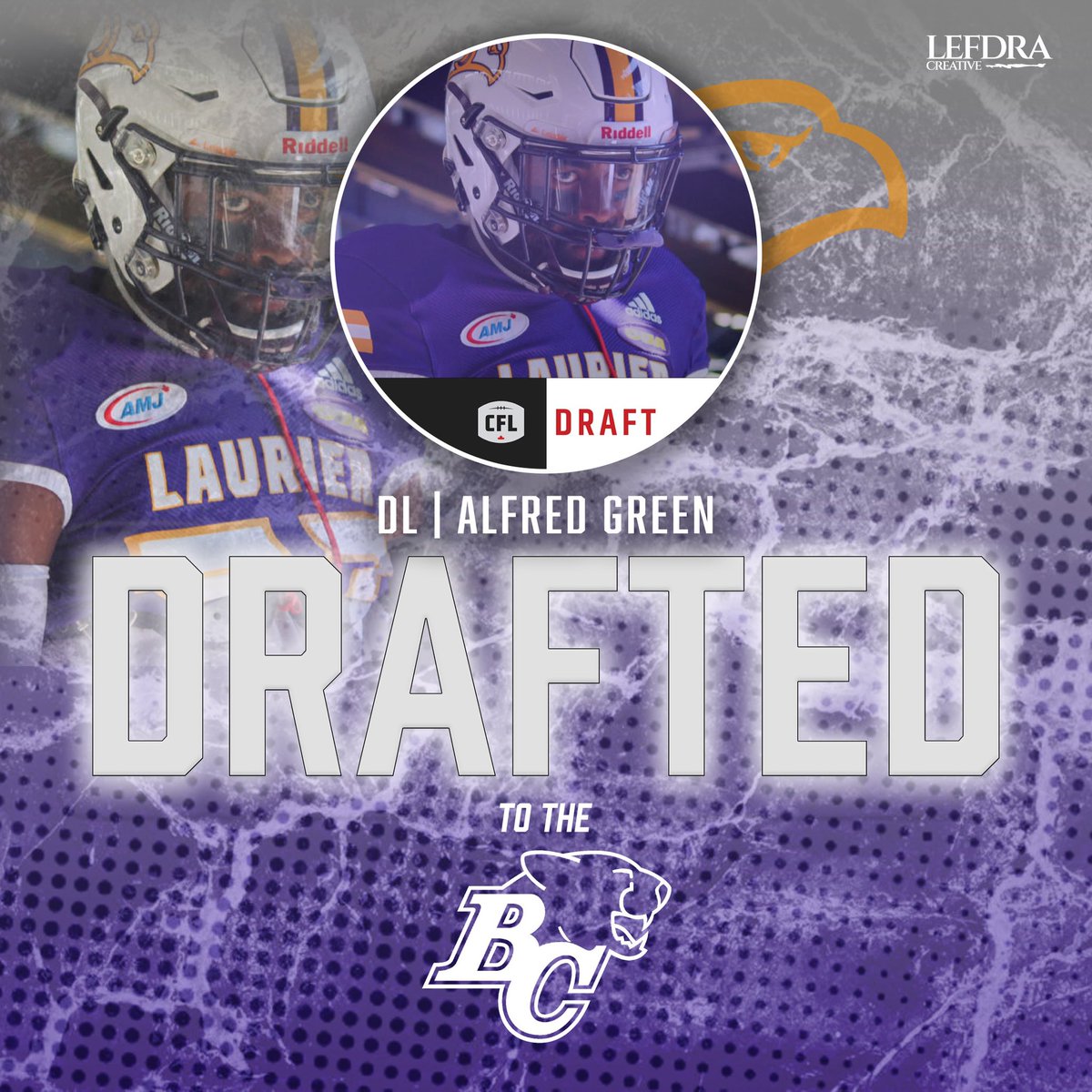 LaurierFootball's tweet image. Alfred Green is a BC 🦁! 

The @BCLions chose @lefdra, 40th overall in the 5th round. 

Way to go Alfred! 

#SoarAbove