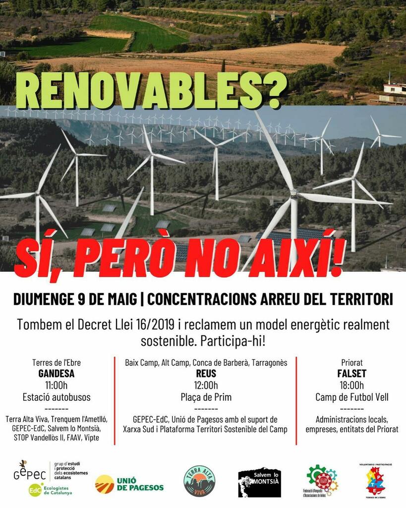 monSOStenible's tweet photo. Continuen les protestes contra els macroparcs #eolics i #solars i contra el #decret16/2019 al territori que reclama una moratòria a la tramitació de nous projectes eòlics i fotovoltaics. El diumenge 9 de maig concentracions a #falset #gandesa #reus #prio… https://t.co/tW90FXvsZH https://t.co/0EKPh1e7U7
