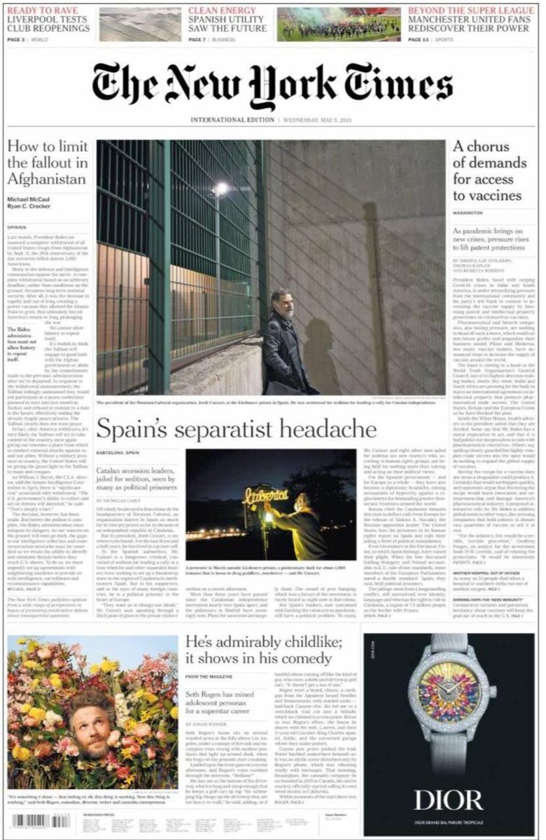Avui a la portada de l'edició internacional del New York Times no hi ha Madrid sinó els presos polítics encapçalats per <a href="/jcuixart/">Jordi Cuixart</a> i l'independentisme. Així que centrem-nos i fem que aquest mal de cap esdevingui migranya. #IndependènciaÉsLlibertat #StandUpForCatalonia