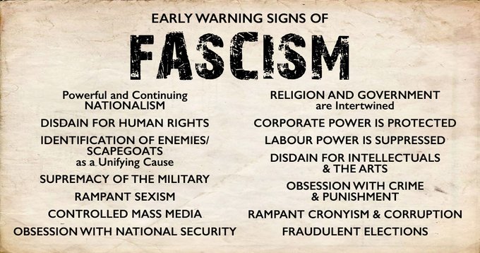 Fascism is a form of far-right authoritarian patriotic ultranationalism, characterized by dictatorial power, forcible suppression of opposition, & strong regimentation of society & the economy.The Tories aren't fascists, but how many of these warning signs can we tick off?