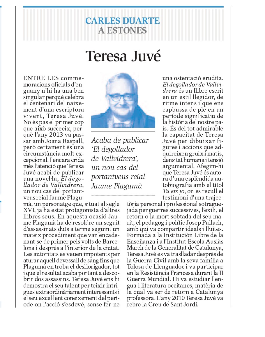 Molt agraïts per la ressenya que @DuarteCarles dedica a Teresa Juvé i a la seva última novel·la 'El degollador de Vallvidrera'.
@SEGREcom 
@AnyTeresaJuve @lletres
@fundaciopallach @TerradesToni
@AnnaBolibloc @mnunesal @EditorsMeteora