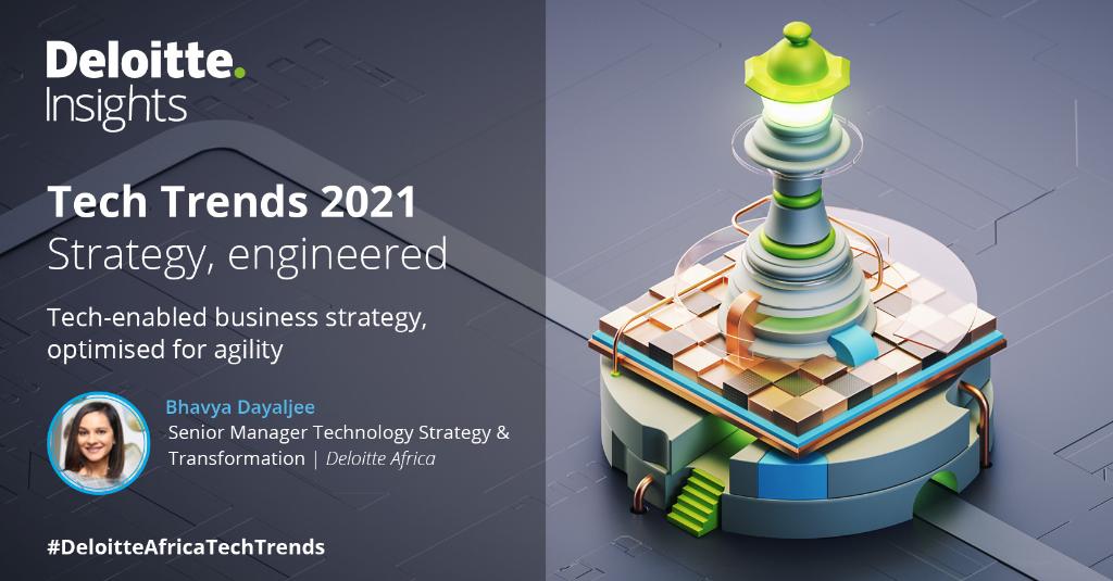 DeloitteSA's tweet image. Bhavya Dayaljee&apos;s trend is Strategy engineered. Strategy and technology are increasingly becoming intertwined, making it a future-ready strategy. #TechTrends2021 #DeloitteAfricaTechTrends deloi.tt/3vaBVtw