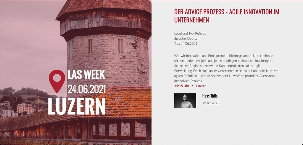 Yay! 🥳 Dieses Jahr bin ich mit dabei an der <a href="/LeanAgileScrum/">Lean, Agile & Scrum</a> Week von <a href="/swissICT/">swissICT</a> mit einem Referat zum Thema Advice Prozess - Agile Innovation im Unternehmen! ⛵️ buff.ly/3ecYbNt