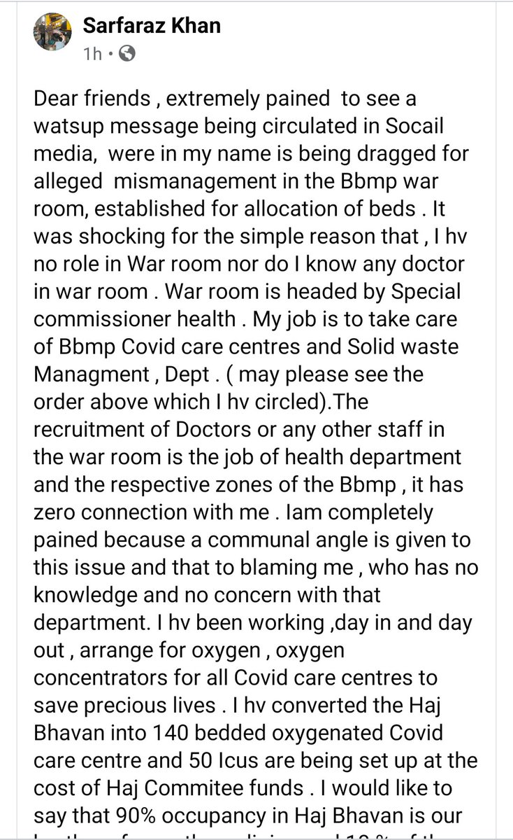 vinaysreeni's tweet photo. BBMP JC Sarfaraz Khan who is in no way associated with war-room dragged into bed scam by @Tejasvi_Surya &amp; team. JC posts a note sharing his pain on FB. 

We are all struggling to find beds, instead of helping us, Surya is causing more pain. Can't tell you how sick I feel. https://t.co/fD1sRu6Zri