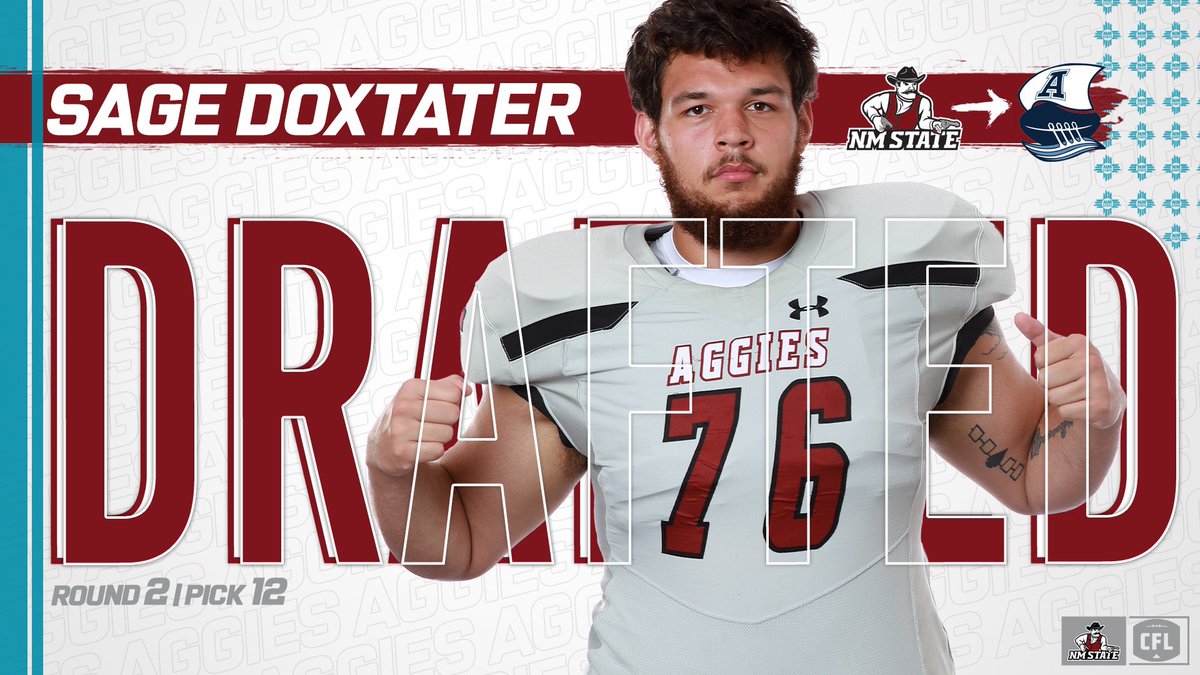 NMStateFootball's tweet image. He heard his name called in the second round of tonight’s @CFL Draft, but @sagedoxtater76 won’t be a #ProAggie this year.

He’ll be back in the crimson &amp;amp; white for the 2021 season! #AggieUp