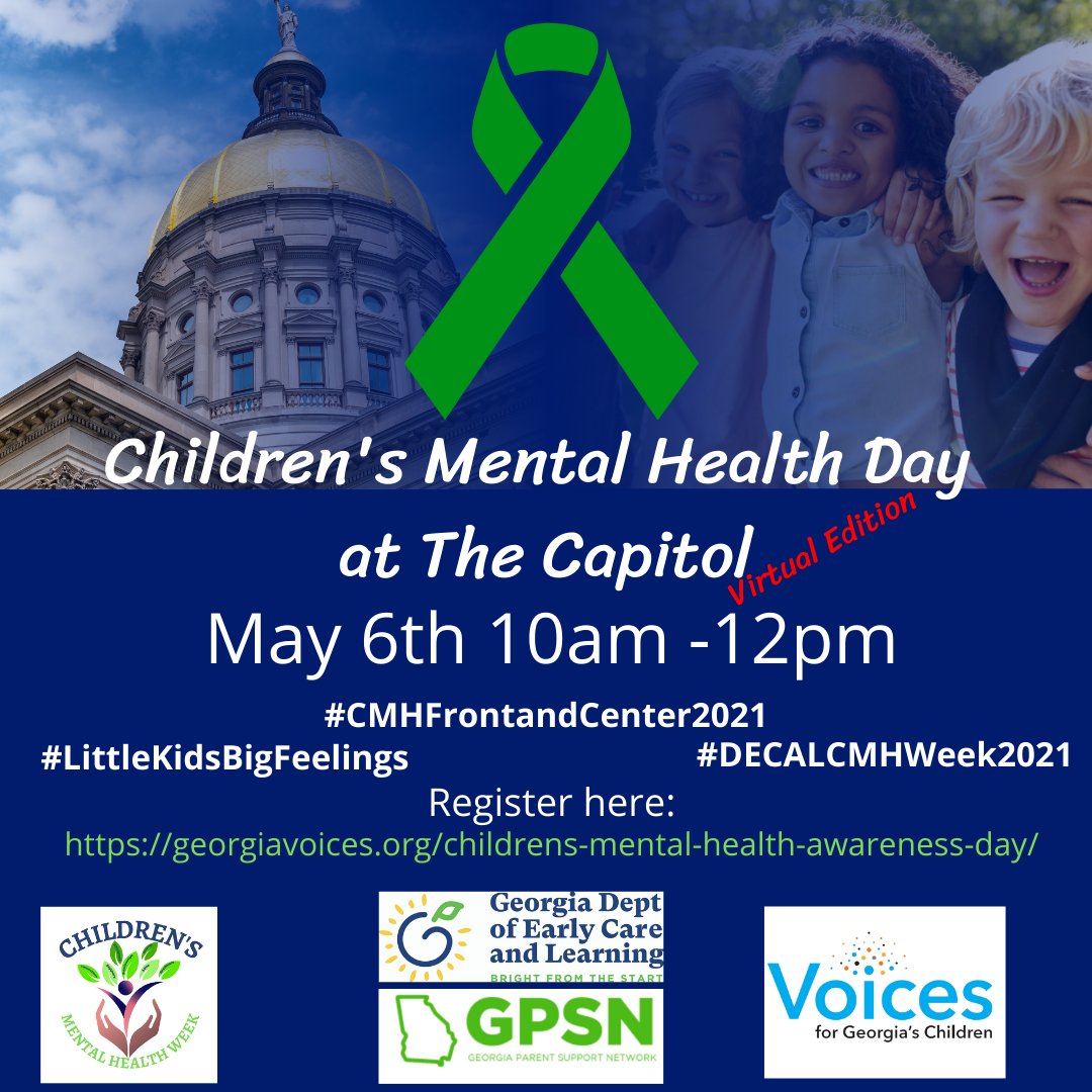 Join DECAL’s Infant & Early Childhood Mental (IECMH) Health Director Laura Lucas as she hosts a panel on IECMH for a virtual edition of Children’s Mental Health Awareness Day at the Capitol. 
#LittleKidsBigFeelings  #DECALCMHWeek2021

Register here: georgiavoices.org/childrens-ment…