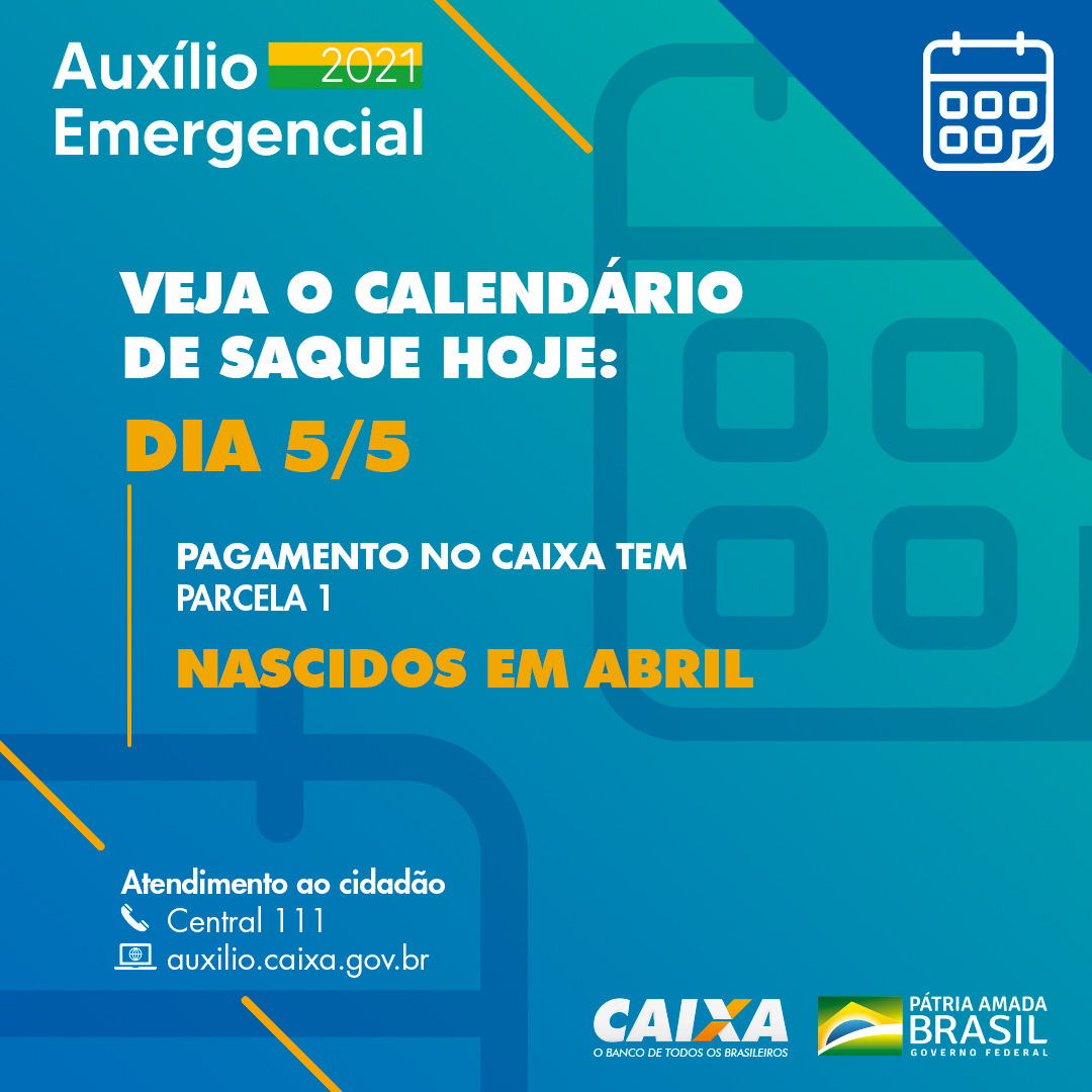 A CAIXA realiza, nesta quarta-feira (05/05), mais uma etapa do Auxílio Emergencial 2021. Beneficiários nascidos em abril já podem sacar em dinheiro nas mais de 13 mil lotéricas espalhadas pelo país, nos correspondentes CAIXA Aqui ou nas agências.