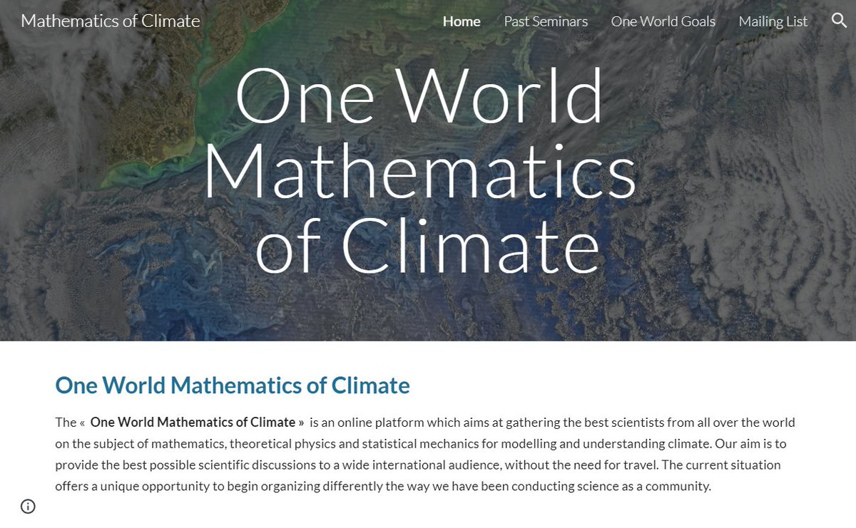 Interested in #maths and #climate? Visit the 'One World Mathematics of Climate' page and check out their seminar series! Great talks every months: sites.google.com/view/oneworldm…

#climate #science #mathematics #Physics #Statistics #climatemodelling