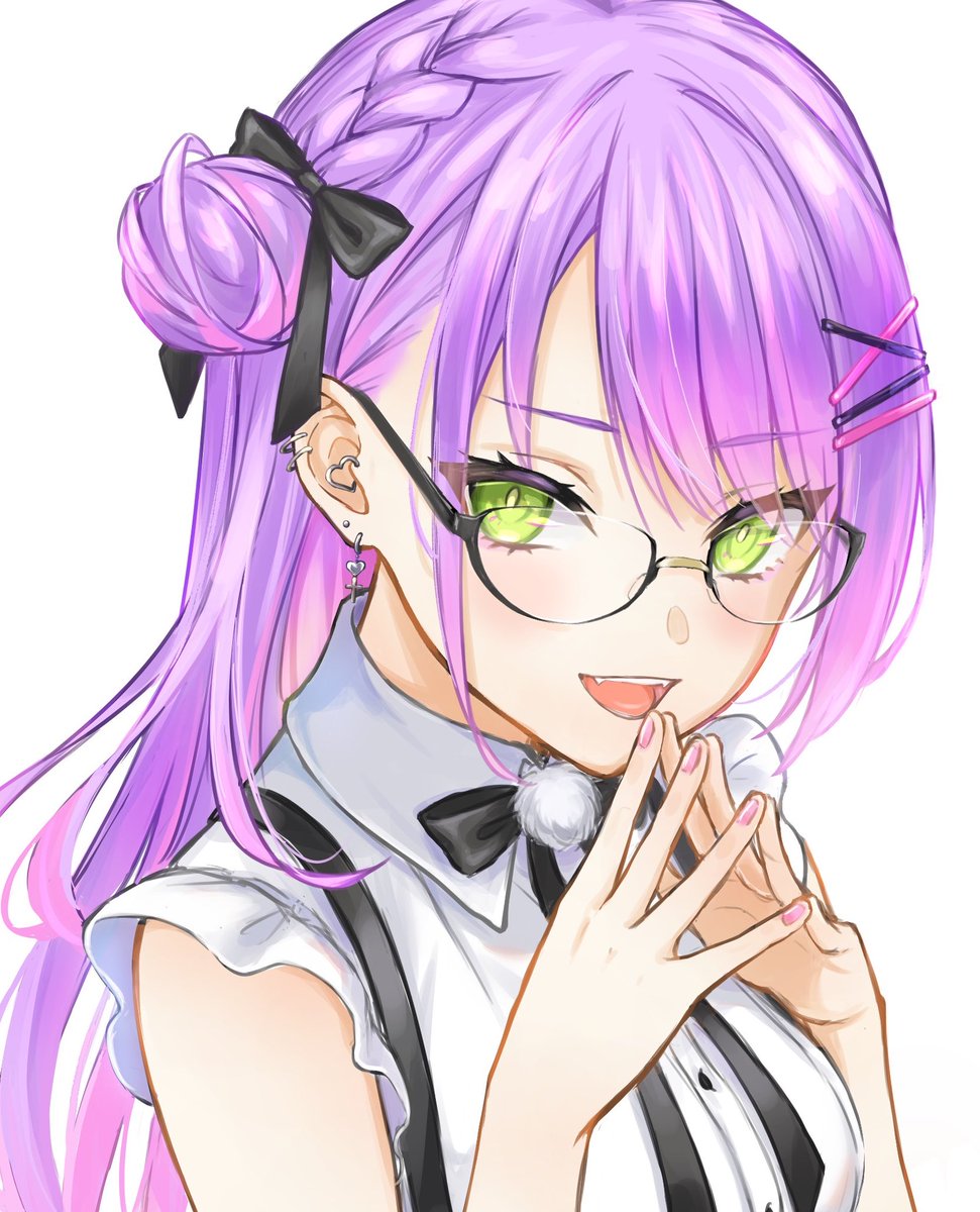 tokoyami towa 1girl solo glasses green eyes purple hair long hair hair bun  illustration images