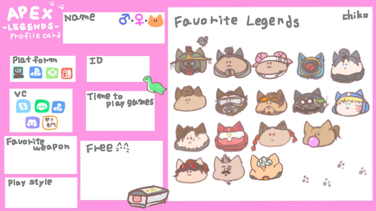 チコ على تويتر シーズン9 ヴァルキリーねこ追加しました 良かったら使ってください 色追加して欲しい場合有れば出来るだけご用意しますー ଘ ˊᵕˋ ଓ Apex自己紹介カード Apex自己紹介カードテンプレ Apex募集pc Apexフレンド募集ps4 Apex チコのお
