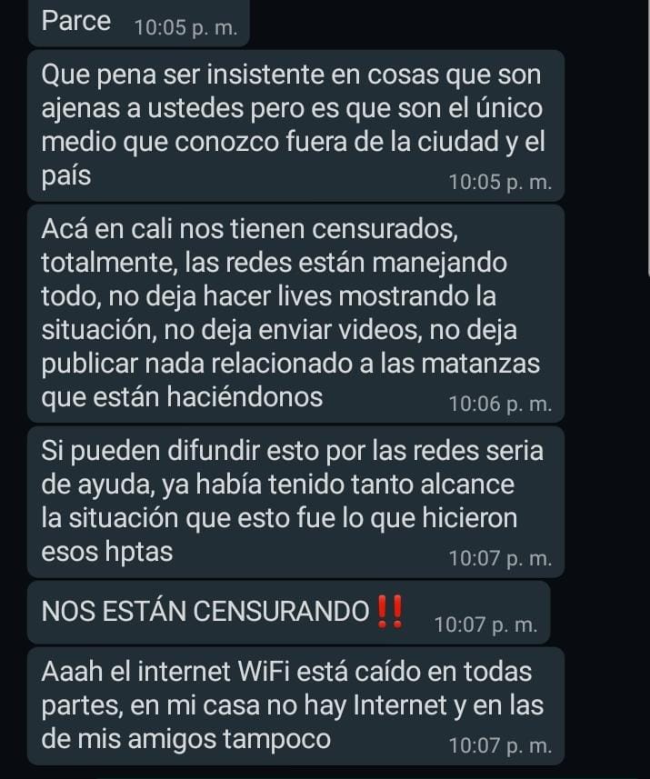 prensa_librecol's tweet photo. DENUNCIA
En Cali se encuentran incomunicados y están censurando a los que intenten subir información de la situación actual.
#CaliColombia https://t.co/yQLDLOOXwV