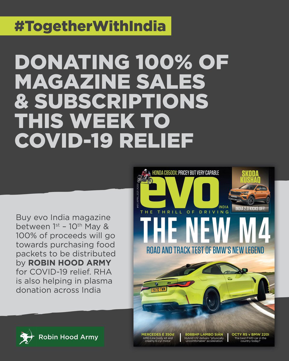 Drops make an ocean... This week 100% of all <a href="/evoIndia/">evoIndia</a> mag sales, subs &amp; gift subscriptions will be donated to #Covid19 relief 👉 purchasing food packets to be distributed by <a href="/rha_india/">Robin Hood Army</a> across India

Help us make a difference 👉 rzp.io/l/evoIndia
#FoodForAll