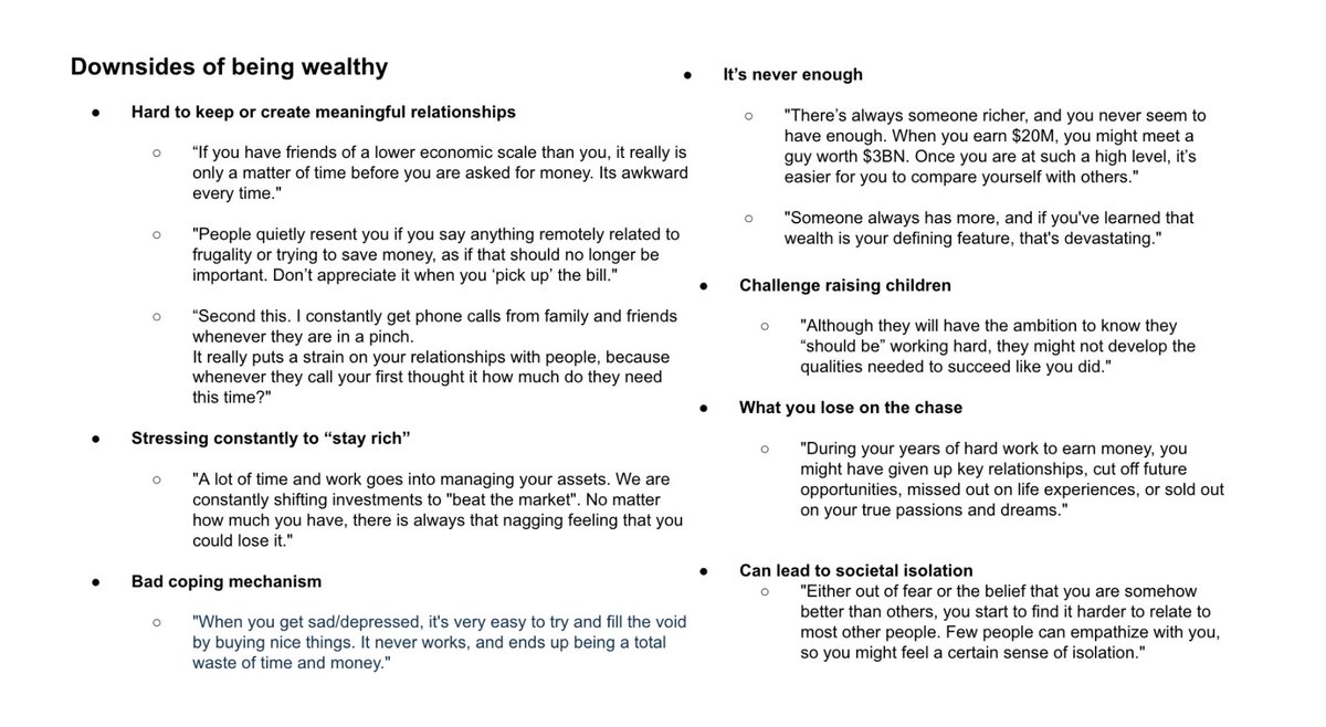 13/ To give a 360 view: pulled a bunch of quotes from Reddit and Quora threads on the "downside of being wealthy":