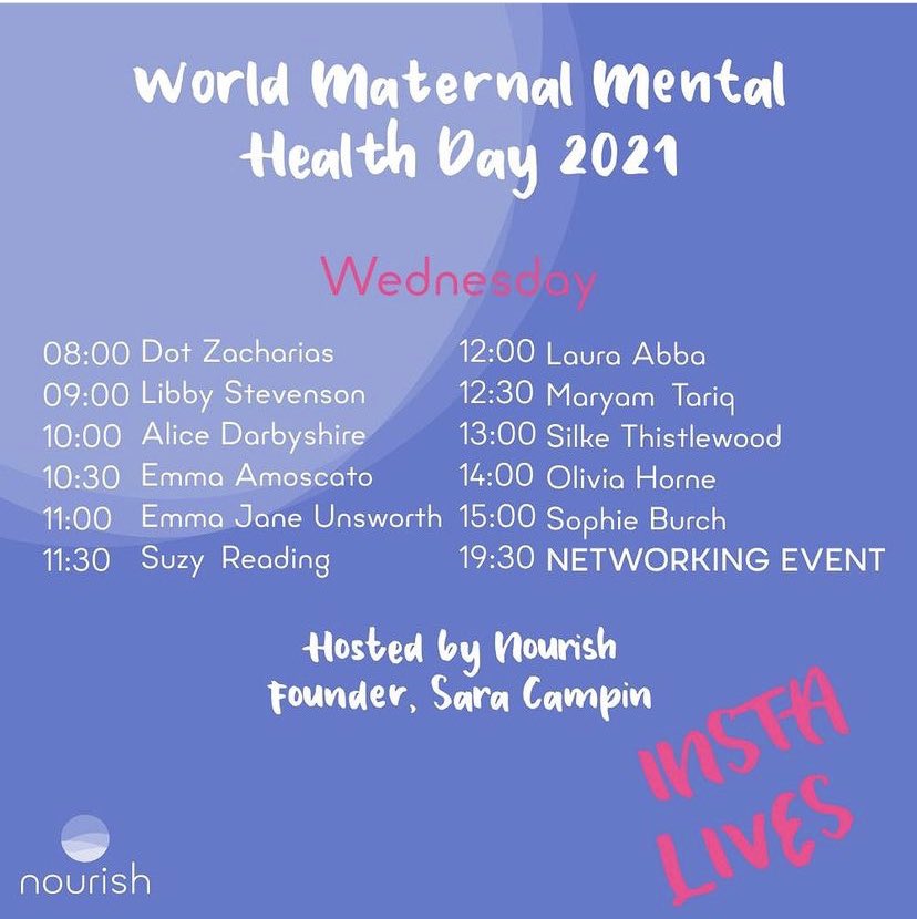 Full schedule of conversations today in aid of #mmhaw2021 kicking off with some of the amazing contributors to @thenourishapp. Tune in love on Insta to hear their journeys with maternal mental health & wellness. #maternalMHmatters #journeystorecovery Instagram.com/thenouirshapp
