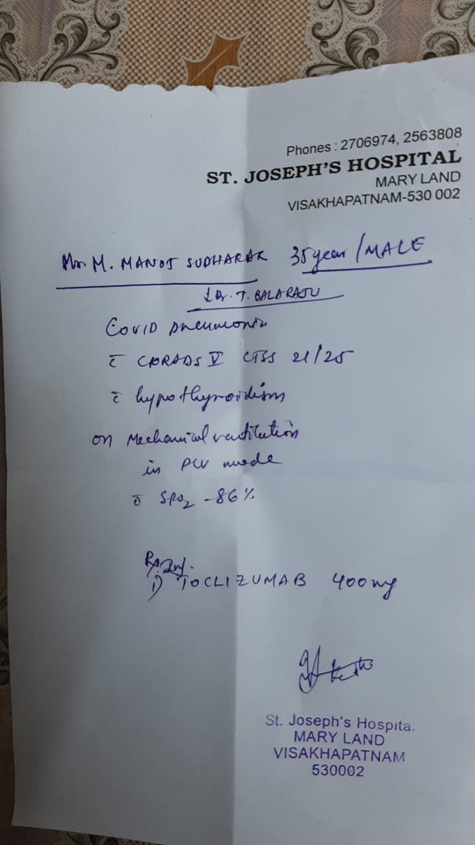 dineshsali3's tweet photo. Urgently required
TOCLIZUMAB 400mg injections
Patient name.  M Manoj Sudhakar
Age. 35 years
Hospital. St Joseph's Hospital, Mary Land, Visakhapatnam
contact number.  7842550635
#Urgent #SOS https://t.co/edScWpKBJr