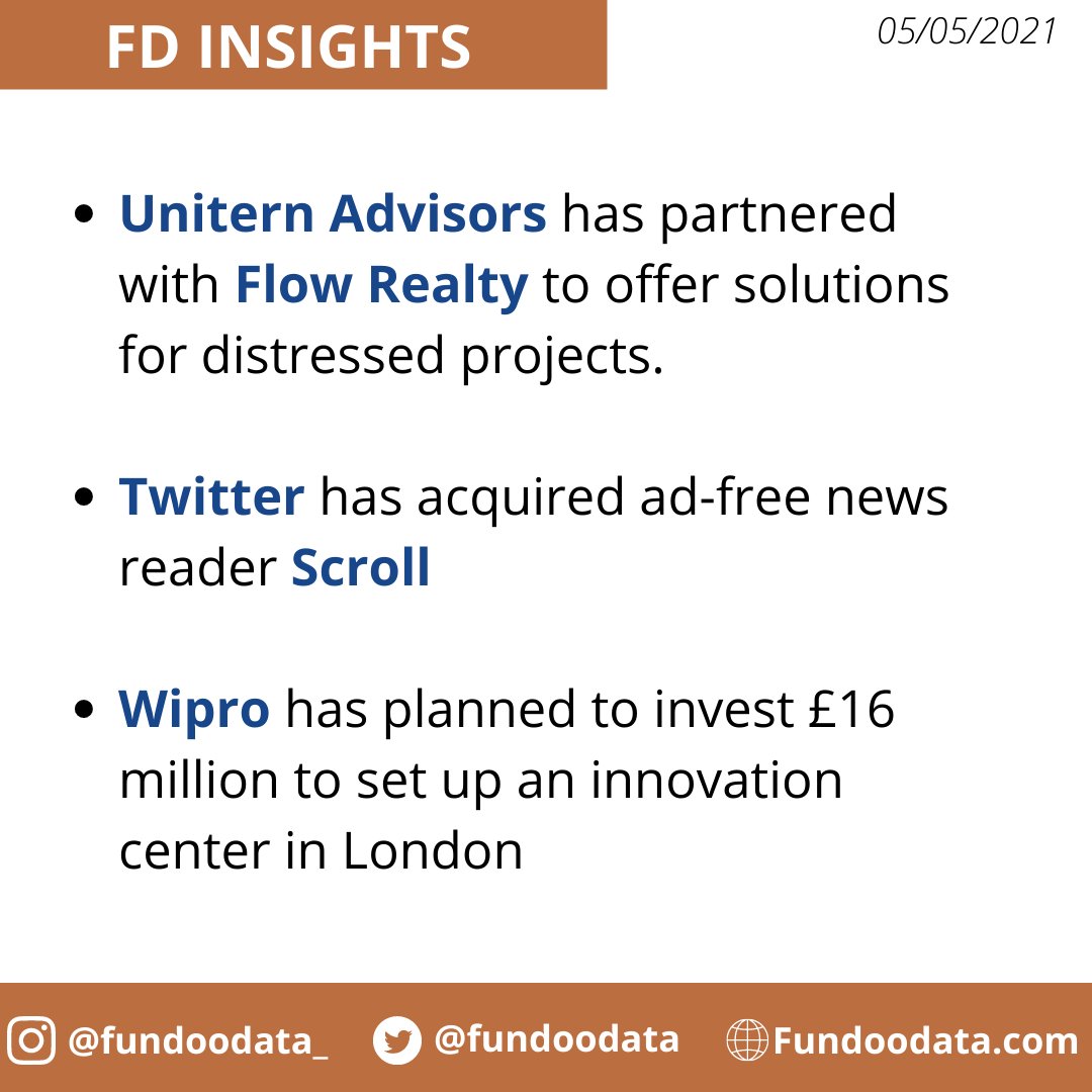 fundoodata's tweet image. FD Insights for today.

#unitern #flow #partnership #twitter #acquisition #scroll #wipro #investment #innovationcenter #FD_Insights #Fundoodata #business #latest #updates
