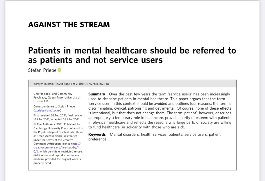Use of the term “service user” is discriminating, cynical, patronising and detrimental. 

We should call our patients, patients. 
#parityofesteem
 
@stefanpriebe @TheBJPsych