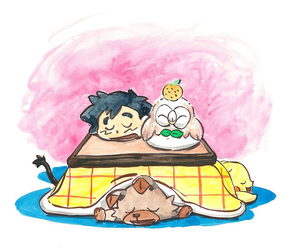 rowlet table kotatsu pokemon (creature) 1boy sleeping closed eyes fruit  illustration images