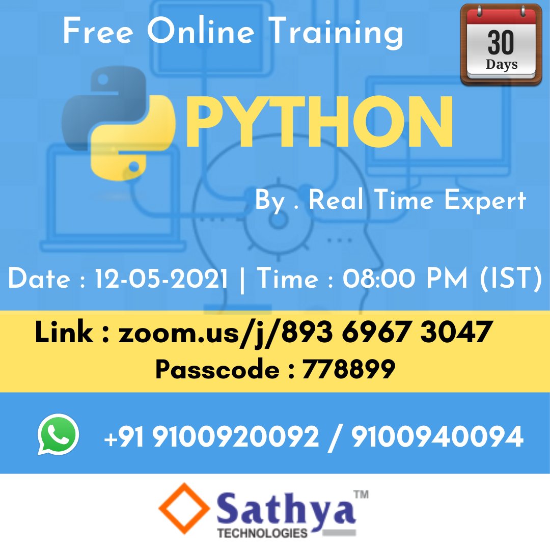 Free Online Batch (PYTHON) 12th May @ 8 PM(IST)
Enroll Here : bit.ly/3thf9i1 ⚡️⚡️
Contact : 9100920092,9100940094
Website : sathyatech.com/online-schedul…
#learnfromexperts
#python #pythonprogramming #pythonlearning #pythondeveloper #pythonsofinstagram #sathyatechnologiesstuden