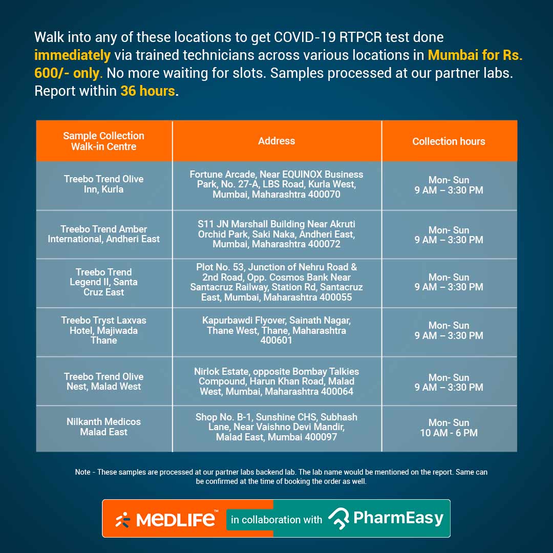 Only in Mumbai! Get #RTPCR test done in the locations mentioned below at Rs 600 only. Get reports within 36 hours. TnC apply. #Medlife in collaboration with @pharmeasyapp. Please take all safety precautions while stepping out. #COVID19 #IndiaFightsCOVID19 #Mumbai #CovidIndiaInfo