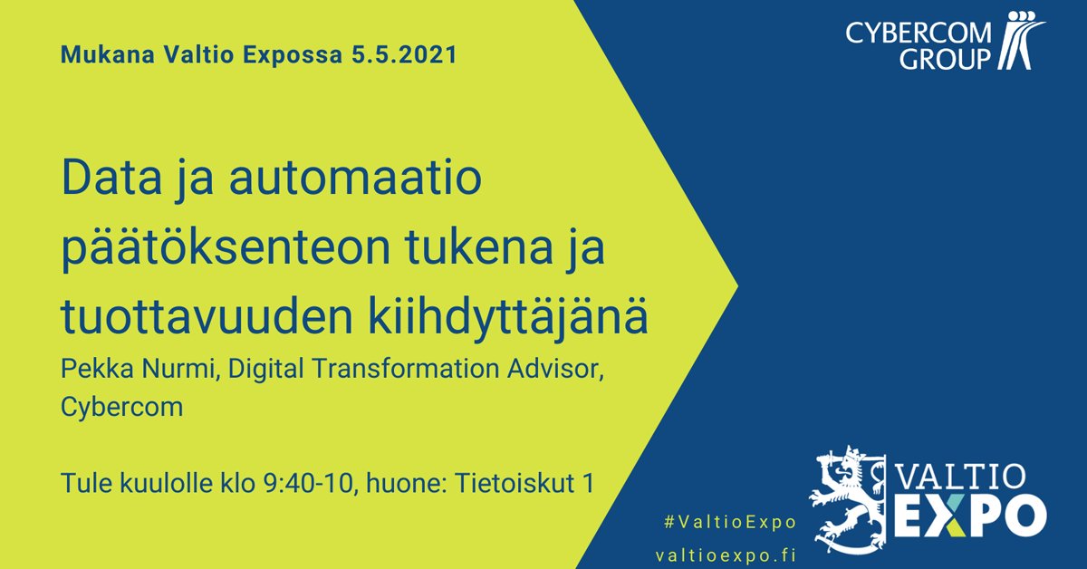 🤩 #valtioexpo jo täydessä vauhdissa ja niin on kohta Makerimme Pekka Nurmi! Pekka on puhumassa aiheesta: #data ja #automaatio päätöksenteon tukena. Tervetuloa tietoiskuun klo 9.40! 
Katso myös miten data-kumppaninasi autamme digitaalisessa muutoksessa: hubs.ly/H0MwxrR0