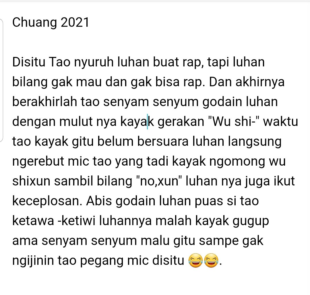 Ya Di chuang camp, tao meminta luhan untuk nge-rap yang sama sekali luhah gak mau. Hari ini hening dan reaksi Anda, kalimat "xun"Tulisan panjang "note"Vid reaction:  https://www.instagram.com/p/CAlfeGFF3sb/?igshid=jenc35aiv6vi