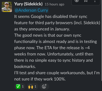 remo_hoeppli's tweet photo. @Hashworks Hey, I do have the button, but it doesn't work to sync anymore. Got an answer in the sidekick slack channel. Seems that Google disabled this feature for third-party Chromium browsers. Too bad. https://t.co/8beLl62LJE