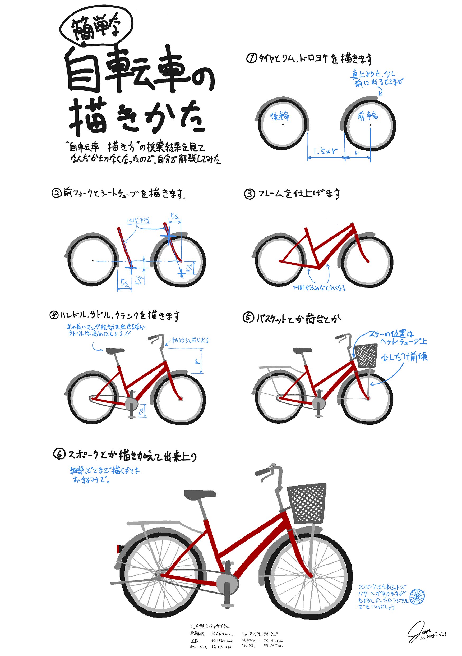 秋村じゅん 自転車のスポークホイールの描き方の解説を書きました 昨年 勢いで書いた 簡単な自転車の描きかた T Co Crbha2gcks の続編です 説明図にcgを使えるのは写真よりスッキリしてて良いなぁ Fusion360 イラスト T Co